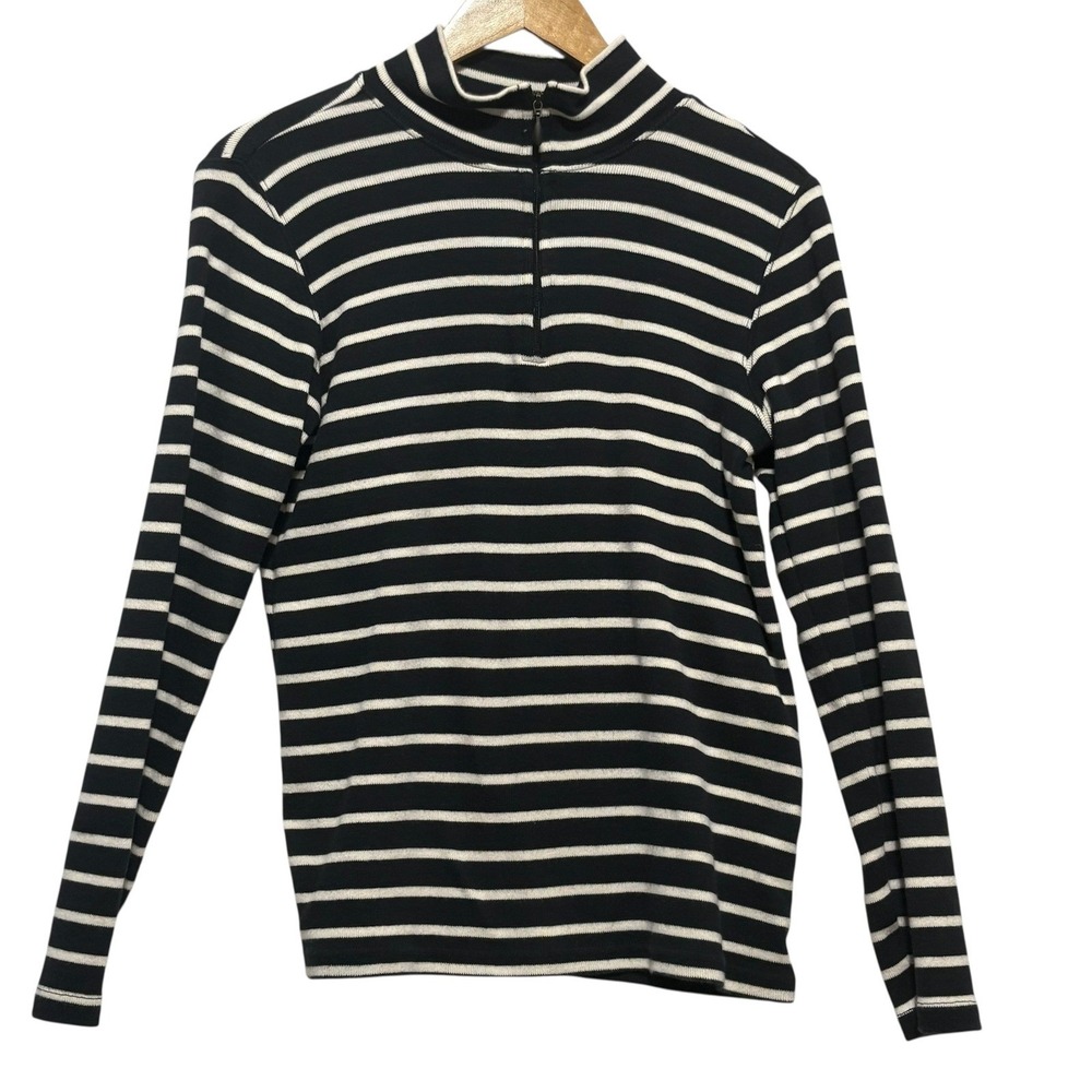 LL Bean Women Top‎ M Navy White Striped Mock Neck Cotton Shirt Preppy Coastal